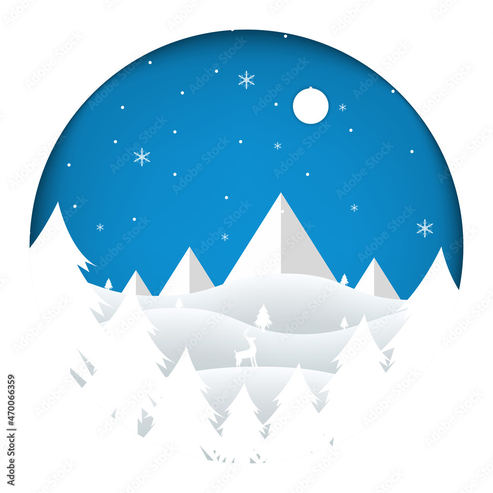 Lovely christmas tree with paper style with hills and snowflakes shows with blue background