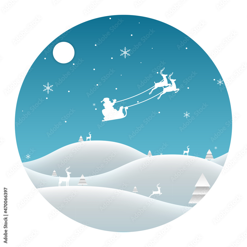 Naklejka premium Christmas background in paper art with snow hill and dear with tree