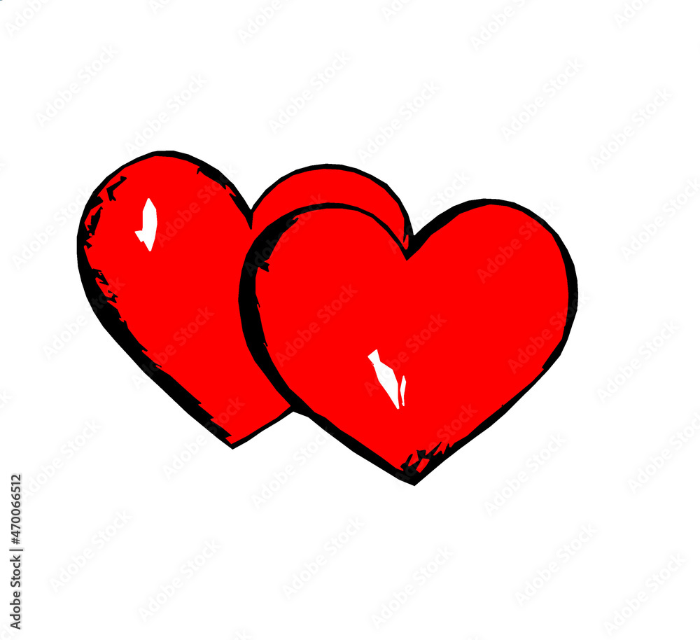 Two red hearts with a black outline on a white background