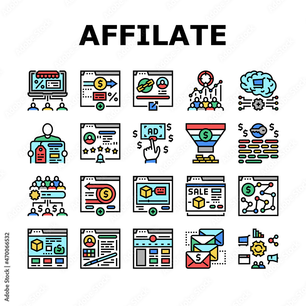 Affiliate Marketing And Commerce Icons Set Vector. Affiliate Marketing And Promote Product, Neuromarketing Technology For Searching Audience Customer, Money Back And Feedback Line. Color Illustrations