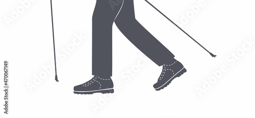 Nordic walking. Trek. Hiking. Trekking. SVG. Silhouette. Backpacking.Hiker in hiking shoes , nordic walking sticks.Active leisure. Health lifestyle. Outdoor activity.Flat vector illustration. Isolated