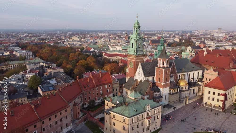 Aerial flying backwards of Cathedral of Wawel Royal Castle, Krakow Aerial flying backwards of Cathedral of Wawel Royal Castle, Krakow