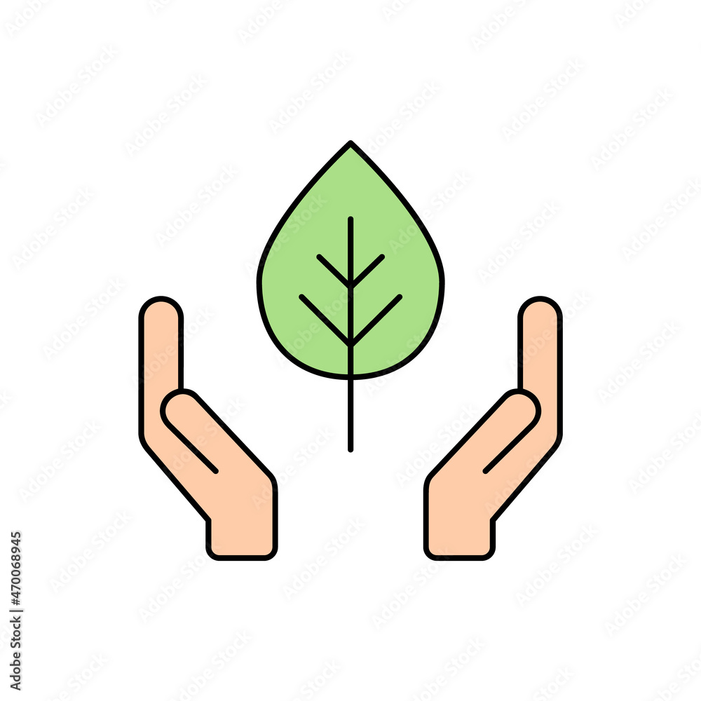 Hands holding green leaf line icon. Environment conservation symbol. Ethical manufacturing sign. Love the Earth and fair trade concept. Sustainable materials sign. Vector illustration, flat, clip art. Hands holding green leaf line icon. Environment conservation symbol. Ethical manufacturing sign. Love the Earth and fair trade concept. Sustainable materials sign. Vector illustration, flat, clip art.