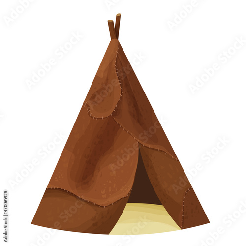 Prehistoric primitive ancient hut from animal skin in cartoon style isolated on white background. Stone age culture building. Barbarian tent.
