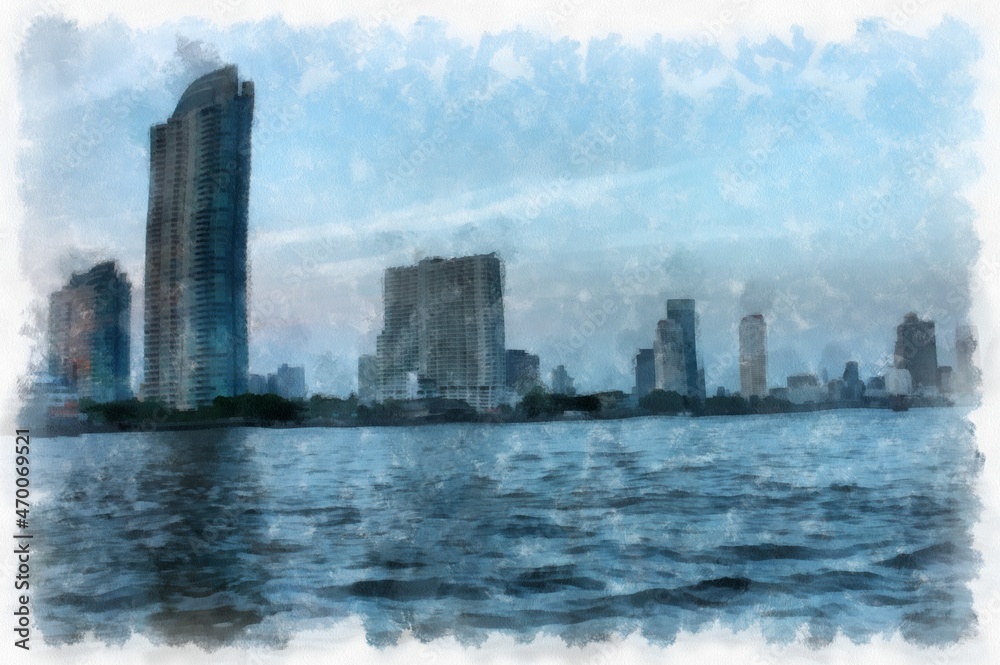 Fototapeta premium The landscape of the river in the city in the evening watercolor style illustration impressionist painting.