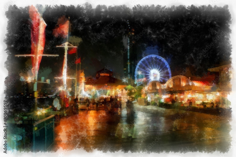 Ferris wheel landscape at night watercolor style illustration impressionist painting.