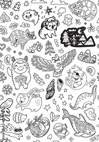 Seamless pattern with mix doddle animals in cartoon style.  photo