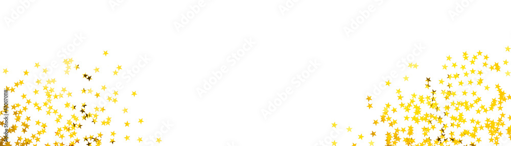 Violet confetti in the form of stars isolated on white banner. Festive day backdrop. Flat lay style with minimalistic design. Template for banner or party invitation Violet confetti in the form of stars isolated on white banner. Festive day backdrop. Flat lay style with minimalistic design. Template for banner or party invitation