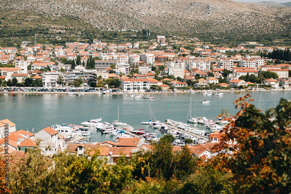 Landscape view on coast with houses and boats in croatia