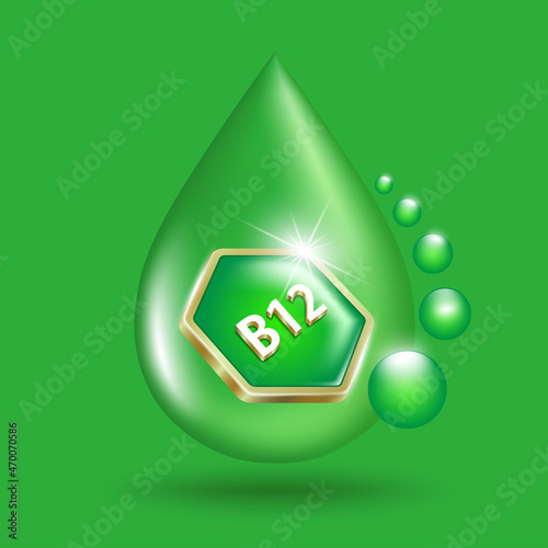 The hexagon-shaped green-gold vitamin B12 logo badge is placed on the water drop side. and is about to fall to the ground For designing advertisements for nutrition and dietary supplements,vector 3d