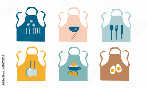 Set of colorful kitchen aprons with patterns icons isolated on white background. Protective garment. Cooking dress for housewife or chef of restaurant. Vector illustration