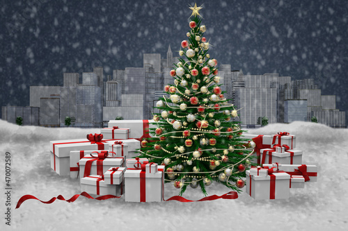 Albero di natale decorato e regali durante una nevicata, con sullo sfondo profilo di città.. photo