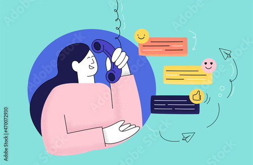 Character woman in flat style consulting a client. Online customer service. Hotline operator advises customer Concept support, assistance, call center. Flat Vector Illustration