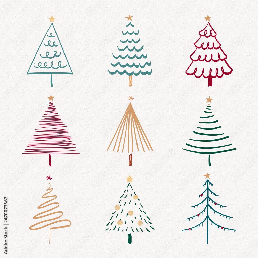 Obraz premium Christmas doodle sticker, cute tree and animal illustration in red and green vector set