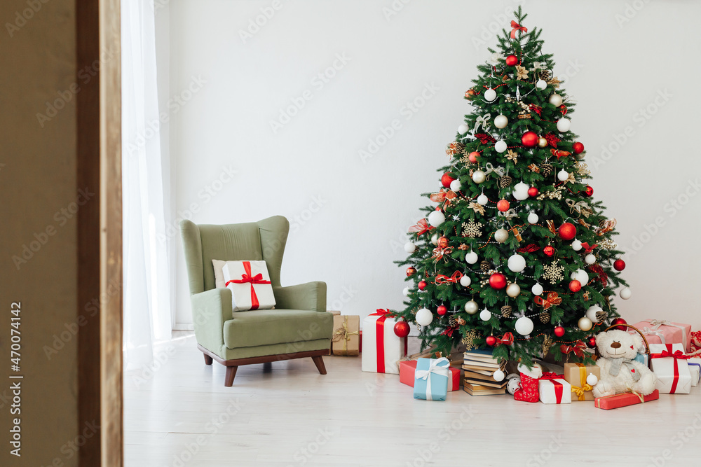 Christmas tree with gifts interior of the house new year