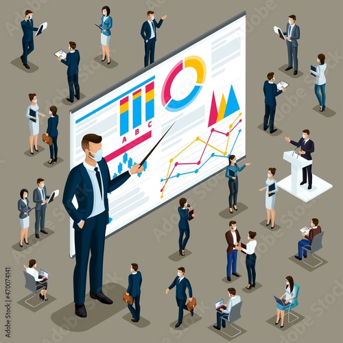 Isometric 3d businessman. Big man small workers and subordinates, training, coaching. Businessmen front and back view. Masked characters during the pandemic