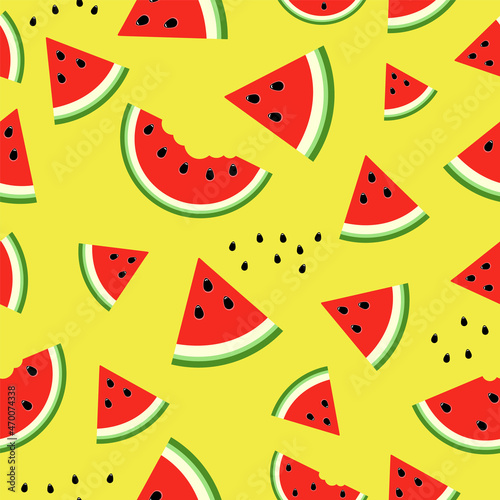 Seamless pattern with Bright red slice watermelon on yellow background.