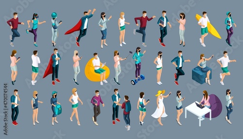 Isometric 3D characters. Set of teenagers, of masked girls and boys during the pandemic. Maintain a social distance. For Vector illustrations
