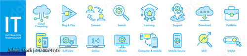 IT information technology, software, website content, network system, web design, mobile device, icon set editable stroke vector 