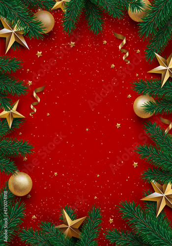 Christmas empty banner design. Xmas tree branches and gold decor composition. Eps10 vector.