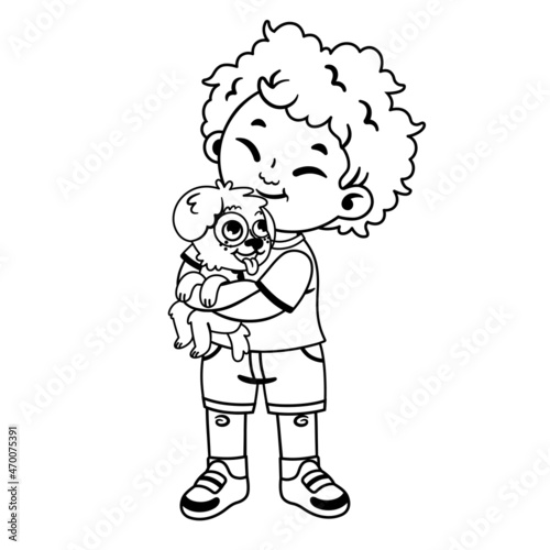 Black and white illustration of a happy boy hugging a cute dog.