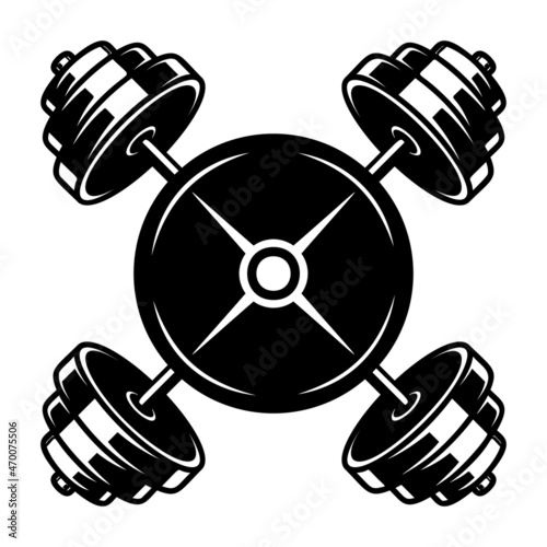 Illustration of crossed gym barbells in vintage monochrome style. Design element for logo, label, sign, emblem, poster. Vector illustration