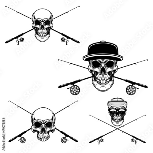 Fisherman skull with crossed fishing rods. Design element for logo, emblem, sign, poster, t shirt. Vector illustration