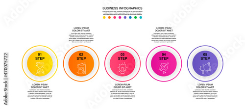 Modern 3D vector illustration. Circular infographic template with five elements. Contains icons and text. Designed for business, presentations, web design, 5-step diagrams.