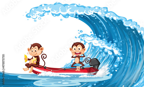 Two little monkeys on a boat with ocean wave