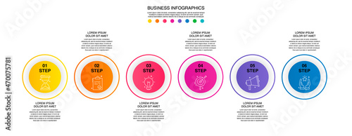 Modern 3D vector illustration. Circular infographic template with six elements. Contains icons and text. Designed for business, presentations, web design, 6-step diagrams.