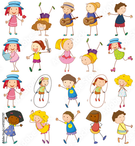 Set of different kids in doodle style