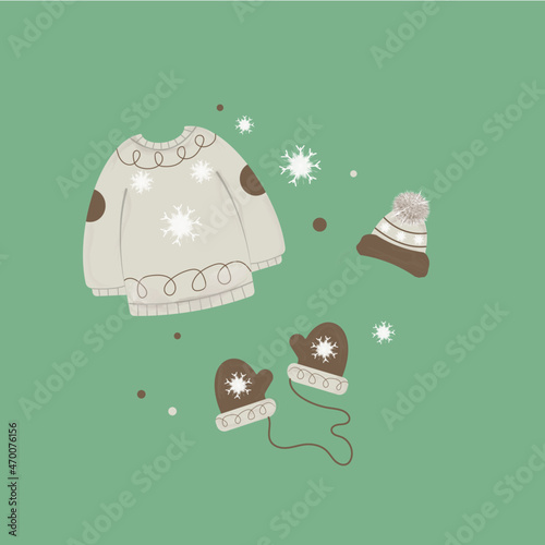 Winter clothes. Vintage. Sweater mittens hat