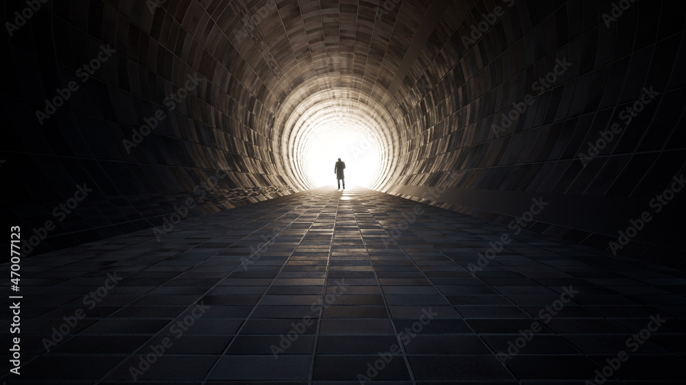 Fototapeta premium Concept or conceptual dark tunnel with a bright light at the end or exit as metaphor to success, faith, future or hope, a black silhouette of walking man to new opportunity or freedom 3d illustration