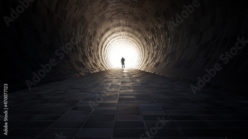 Concept or conceptual dark tunnel with a bright light at the end or exit as metaphor to success  faith  future or hope  a black silhouette of walking man to new opportunity or freedom 3d illustration