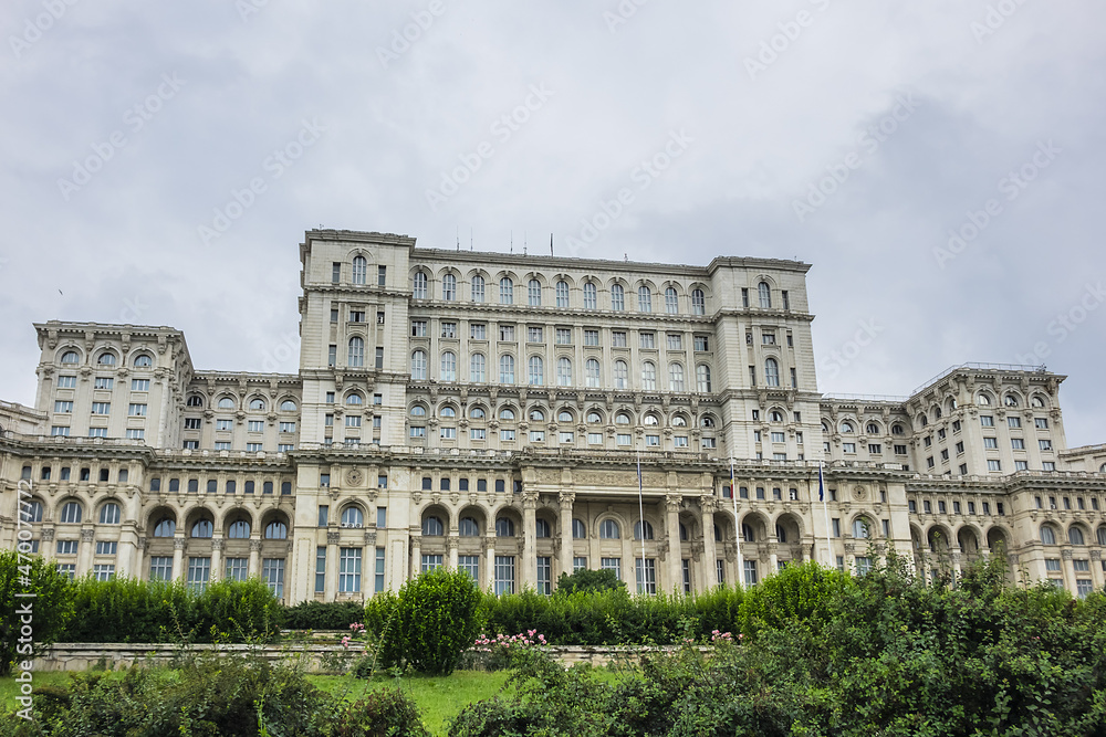 Palace of the Parliament (Palatul Parlamentului) building in Socialist realist Neoclassical architectural forms. Palace reaches a height of 84 meters. Bucharest, capital city of Romania.