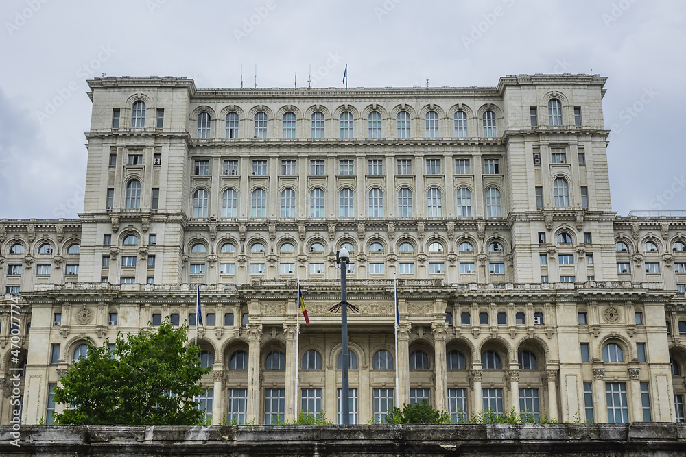 Palace of the Parliament (Palatul Parlamentului) building in Socialist realist Neoclassical architectural forms. Palace reaches a height of 84 meters. Bucharest, capital city of Romania.