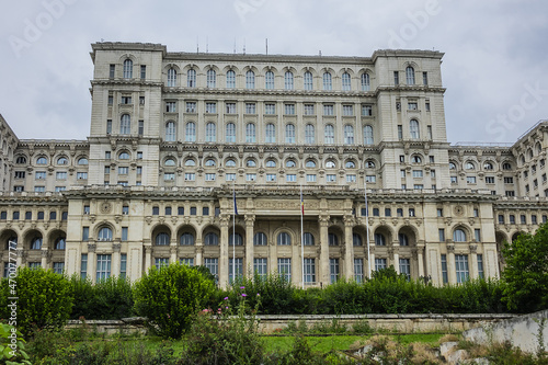 Palace of the Parliament (Palatul Parlamentului) building in Socialist realist Neoclassical architectural forms. Palace reaches a height of 84 meters. Bucharest, capital city of Romania.