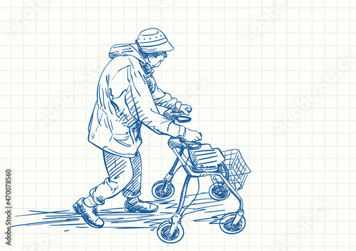 Elderly woman walking with her walker wheel chair, Blue pen sketch on square grid notebook page, Hand drawn vector illustration