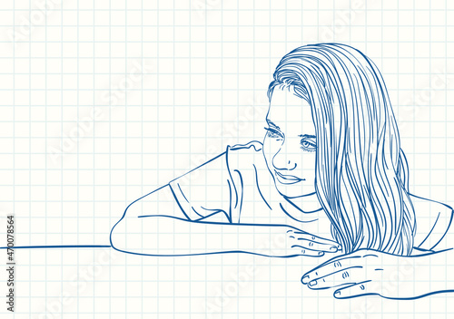 Beautiful shy preteen girl portrait with long hair on one side sitting behind desk, Blue pen sketch on square grid notebook page, Hand drawn vector linear illustration