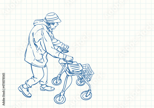 Elderly woman walking with her walker wheel chair, Blue pen sketch on square grid notebook page, Hand drawn vector linear illustration