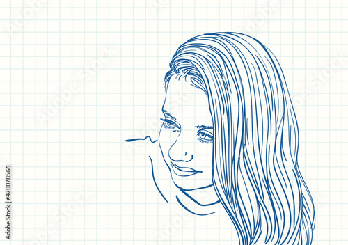 Beautiful shy preteen girl portrait with long hair on one side, Blue pen sketch on square grid notebook page, Hand drawn vector linear illustration