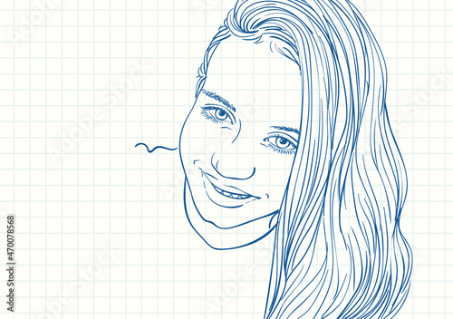 Beautiful preteen girl portrait with long hair on one side, Blue pen sketch on square grid notebook page, Hand drawn vector illustration