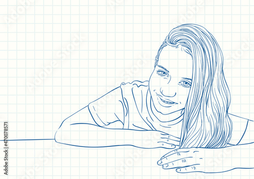 Beautiful preteen girl portrait with long hair on one side sitting behind desk, Blue pen sketch on square grid notebook page, Hand drawn vector linear illustration