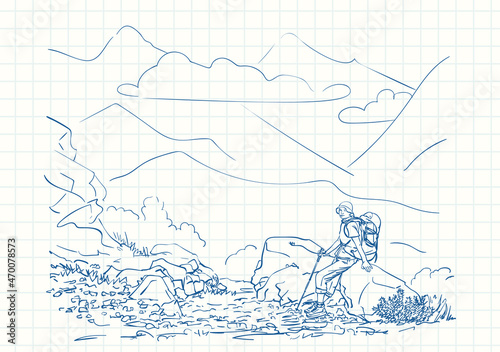 Female trekker with backpack sitting on big stone with mountain landscape on background, Blue pen sketch on square grid notebook page, Hand drawn vector linear illustration