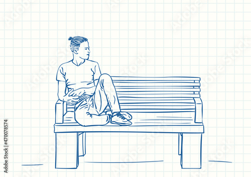 Man sitting on bench with feet up and hipster haircut, Blue pen sketch on square grid notebook page, Hand drawn vector linear illustration