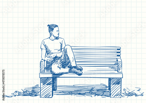 Man sitting on bench with feet up and hipster haircut, Blue pen sketch on square grid notebook page, Hand drawn vector illustration