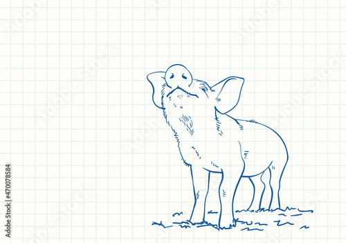 Sniffing pig, Blue pen sketch on square grid notebook page, Hand drawn vector linear illustration