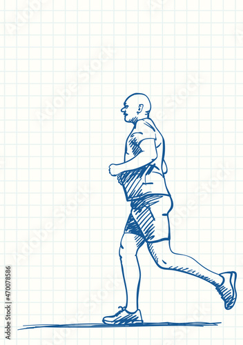 Running man  Blue pen sketch on square grid notebook page  Hand drawn vector illustration