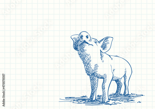 Sniffing pig, Blue pen sketch on square grid notebook page, Hand drawn vector illustration