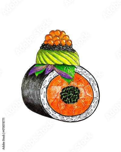 Sushi roll, hand pencil drawing, fish caviar, salmon, rice, sushimi, mint leaf and basil, tracing, sketch art, single, isolated, white background.